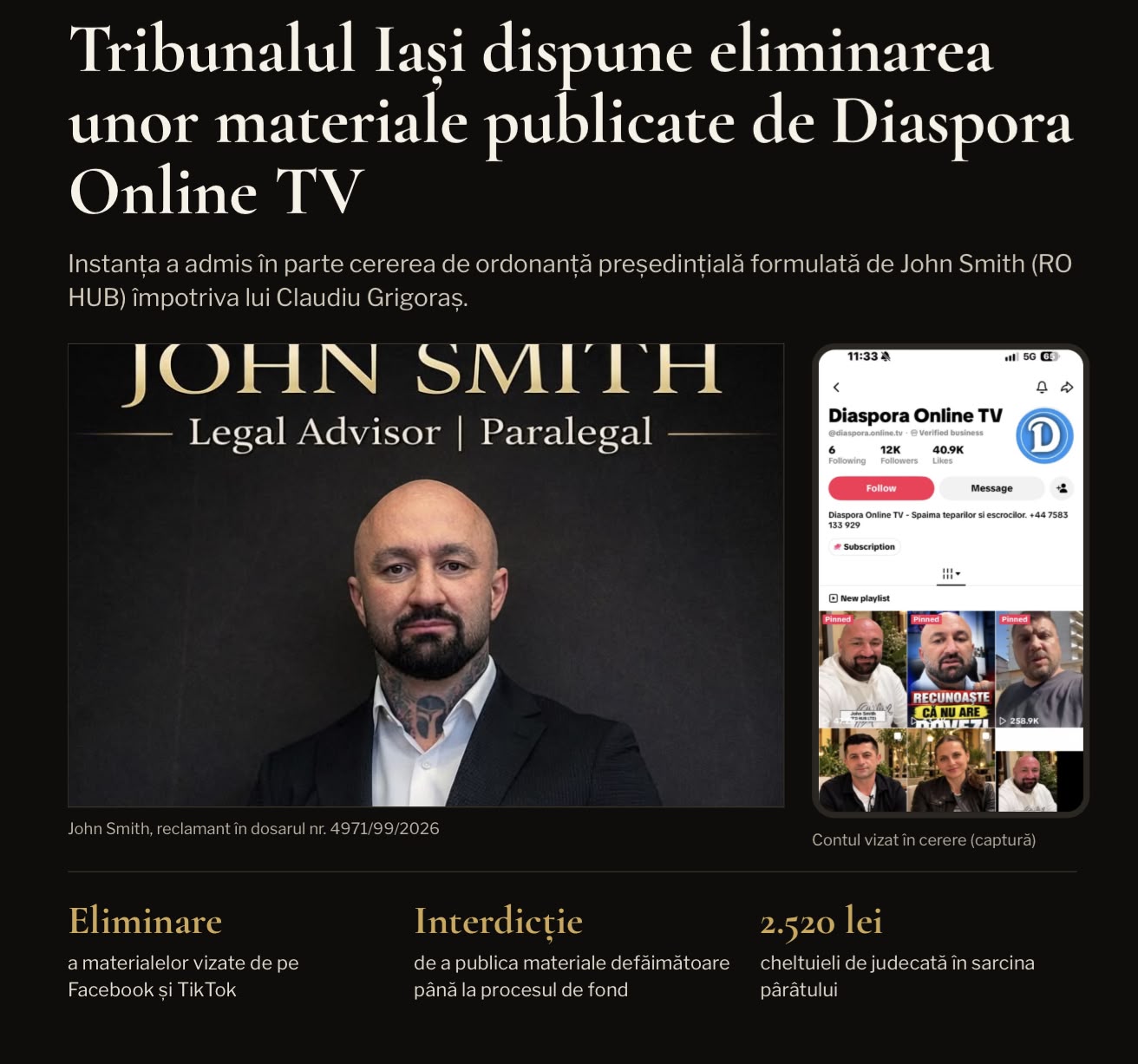 Tribunalul Iași dispune eliminarea unor materiale publicate de Diaspora Online TV